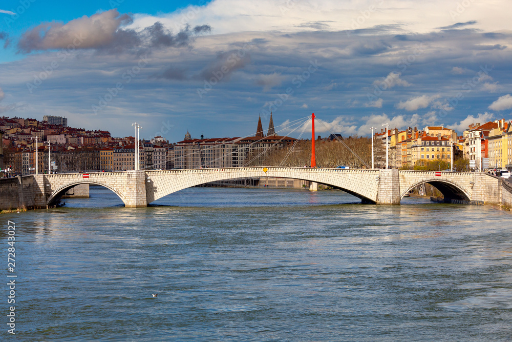 Fototapeta premium Lyon. Red cable-stayed bridge over the Saona River.