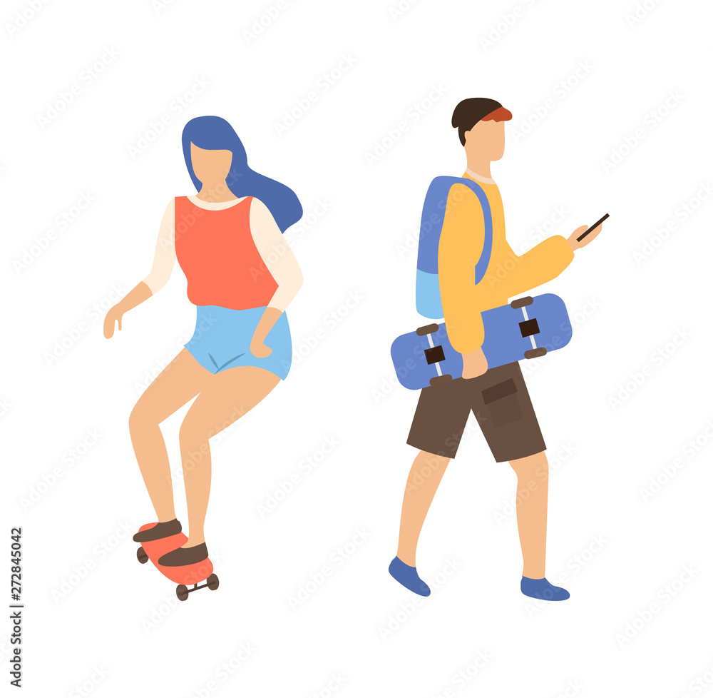 Skateboarding couple, woman on skateboard and man skateboarder with board in hands typing message. Vector cartoon people in casual clothes and backpack