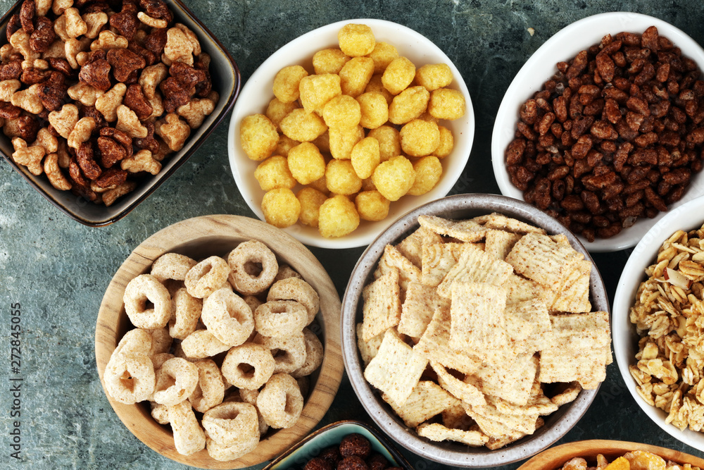 Cereal. Bowls of various cereals for breakfast. Muesli with kids cereals. Cereal. Bowls of various cereals for breakfast. Muesli with kids cereals.