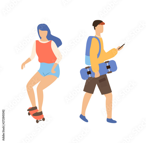 Skateboarding couple, woman on skateboard and man skateboarder with board in hands typing message. Vector cartoon people in casual clothes and backpack