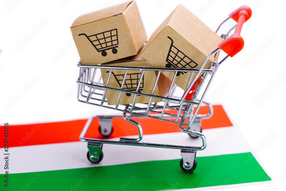 Box with shopping cart logo and Hungary flag : Import Export Shopping online or eCommerce delivery service store product shipping, trade, supplier concept.