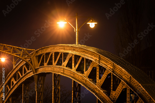 Old Bridge at Night, Stubenrauch Bridge in Berlin, Old Bridge Construction, Luminous Street Lamps, Architecture © Ronny Rose