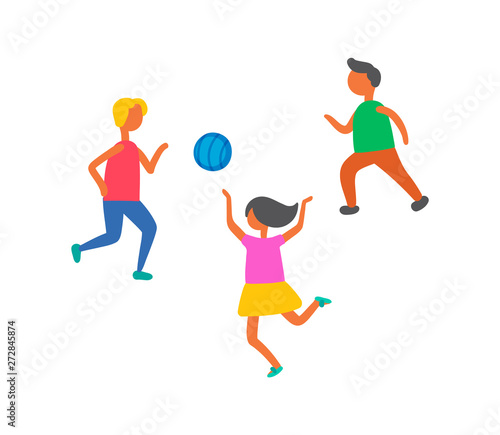 Children playing in ball outdoors vector isolated. Cartoon style kids play football, leather round object for boys and girl play, happy childhood concept © robu_s