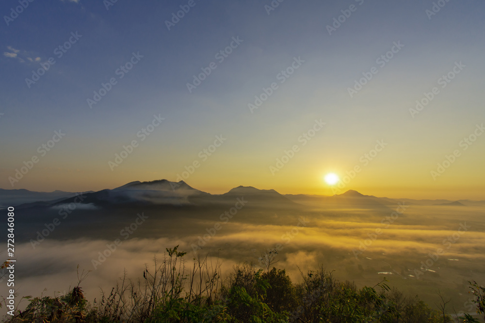 Beautiful sunrise and fog in Phu Thok Chiang Khan District, Loei Province, Thailand.