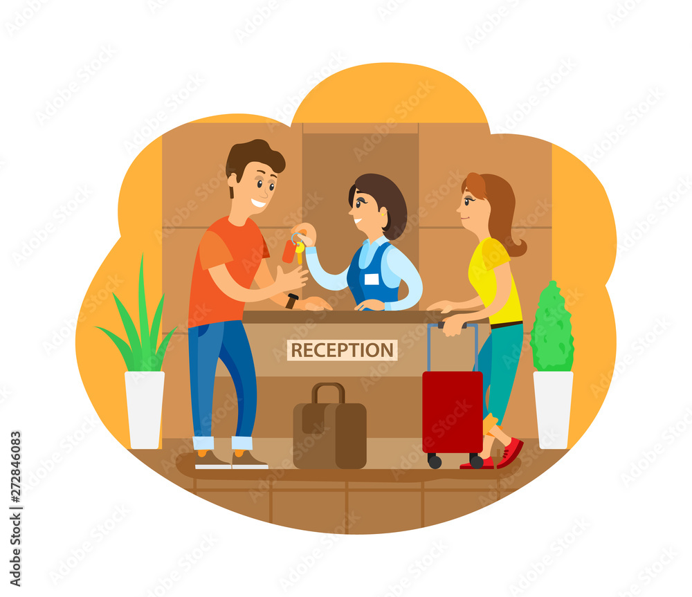 Tourists on reception vector, man and woman standing by counter with baggage. Couple traveling together, accomodation in hotel, guest house receptionist