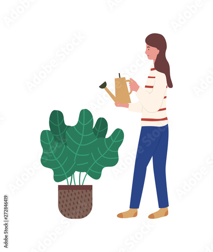 Person taking care for plant vector, lady with watering can and plant growing in pot. Female isolated, working person by botanical decor, foliage