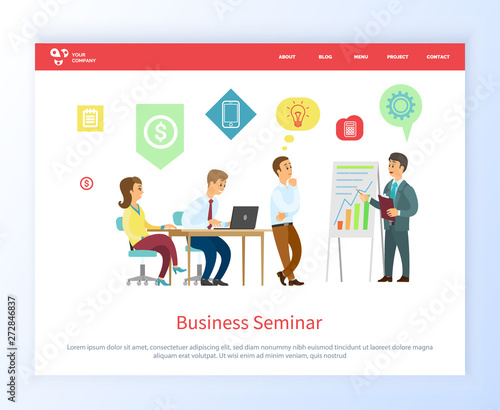 Business seminar vector, people on conference listening to leader and proposing ideas for solution of project. Boss with workers on meeting. Website or webpage template, landing page flat style