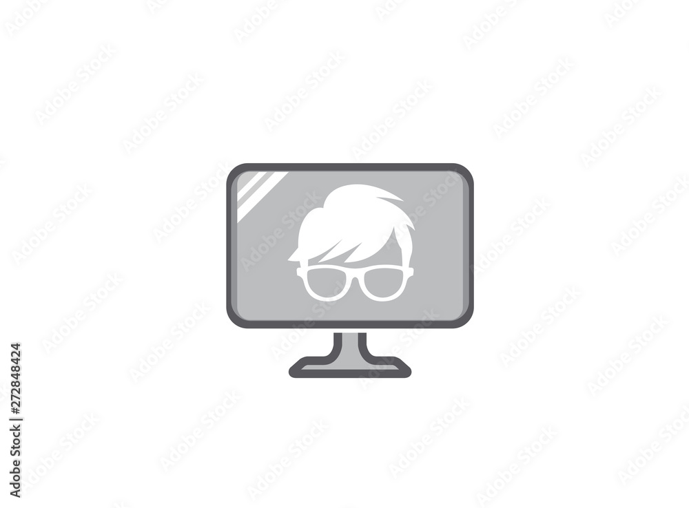 Geek Head with hairstyle wearing glasses for logo design illustration, in a screen shape tv icon Geek Head with hairstyle wearing glasses for logo design illustration, in a screen shape tv icon