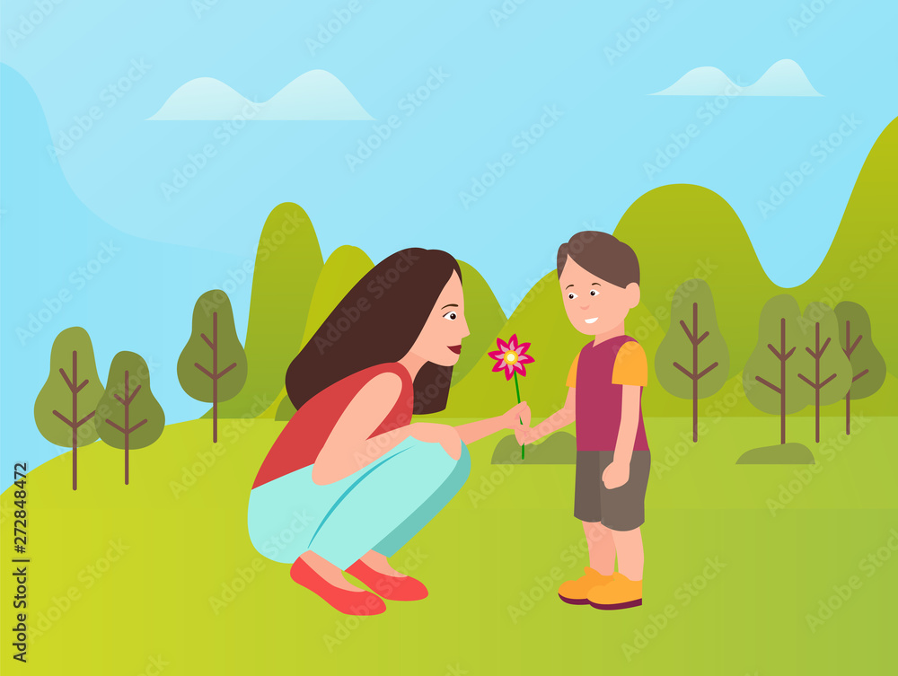 Smiling boy giving present to mother vector people in cartoon style. Little son and young woman outdoors in green park with trees. Spending time together at spring