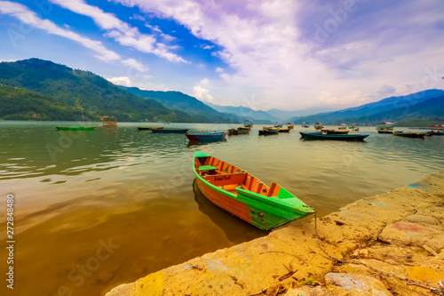 one School Boat Parked Phewa Lake Pokhara Nepal