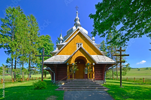 Beautiful wooden greek catholic church in Gladyszow village, Low Beskids (Beskid Niski), Poland