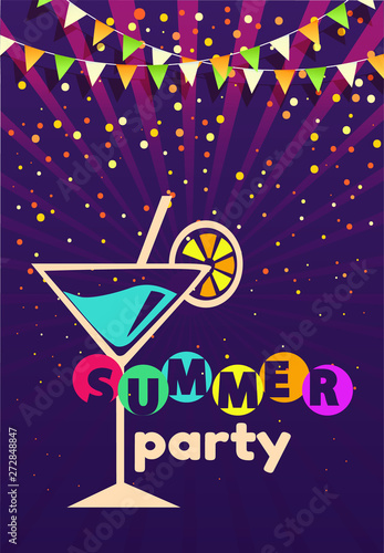 Cocktail with straw and lemon slice, summer party, glamor vector. Alcohol drink in martini glass, garland and confetti, event or holiday celebration