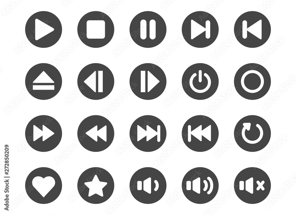 Round Media player button vector icon set Round Media player button vector icon set