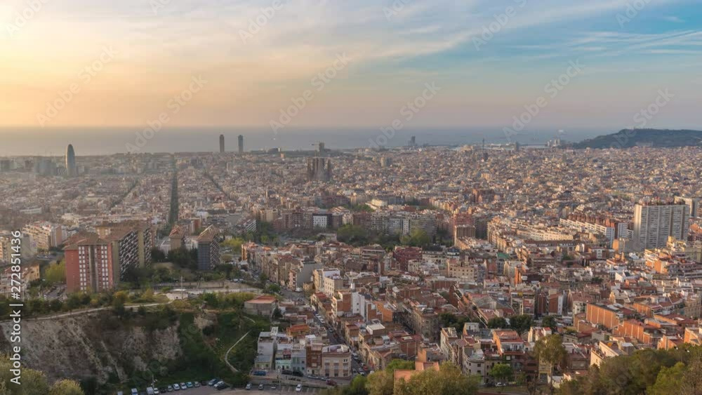 Barcelona Spain time lapse 4K, aerial view city skyline timelapse from Bunkers del Carmel Barcelona Spain time lapse 4K, aerial view city skyline timelapse from Bunkers del Carmel