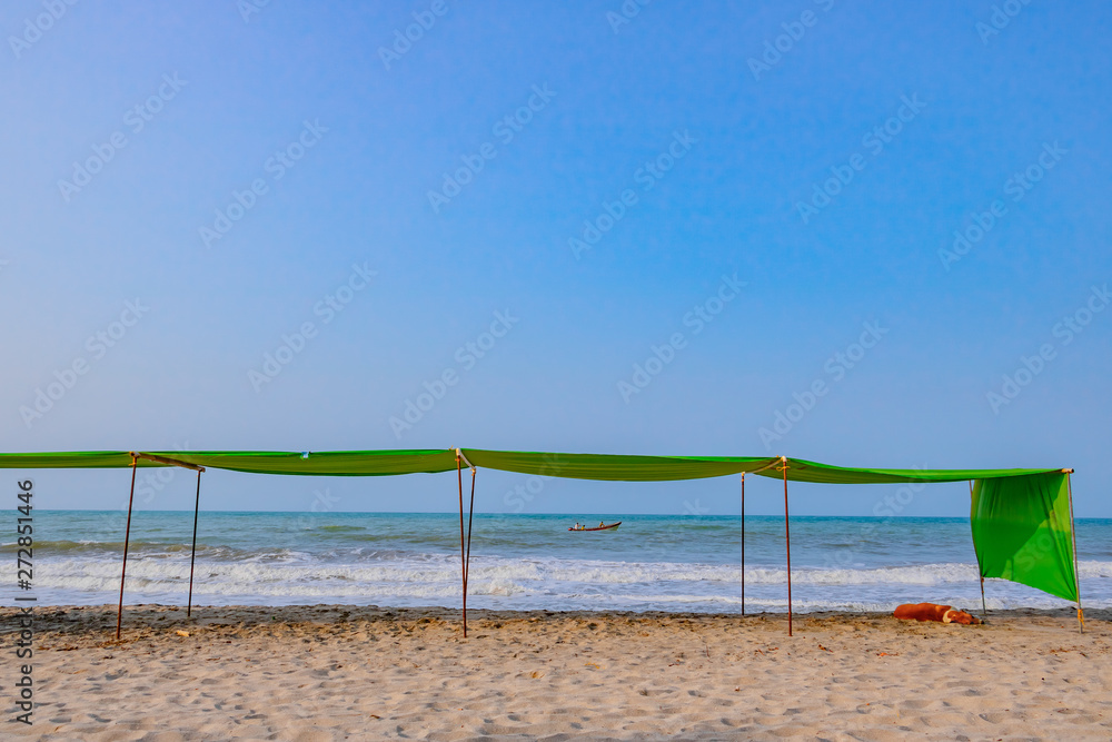 junger Beagle Hund schläft am Strand am Meer