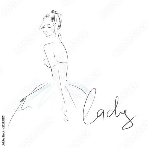 Young elegant woman in dress. Fashion illustration, sketch, vector