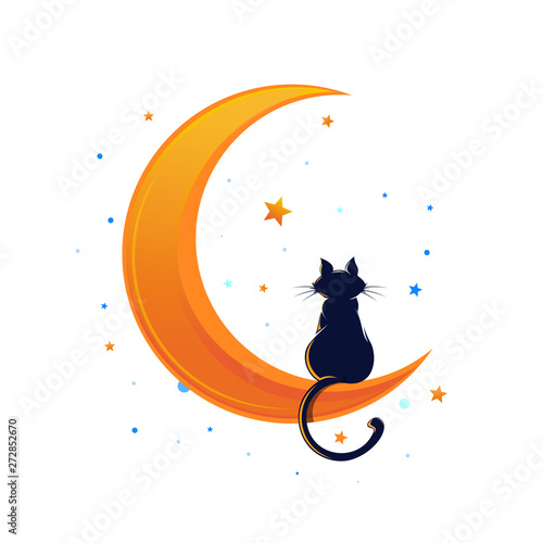 Cat sitting on a crescent moon surrounded by stars