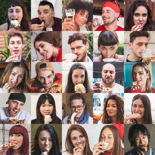 composition of expressive faces of happy young adults eating and drinking