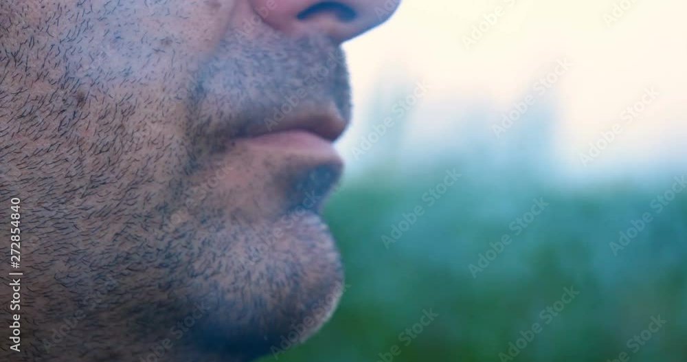 Against the backdrop of nature, a man with a bristle (beard) smokes a cigarette, sucking in smoke and exhaling smoke. Concept of: Harm to health, Smoking, Harm prerode, Smoke, Marking hands, Slow Mo. Against the backdrop of nature, a man with a bristle (beard) smokes a cigarette, sucking in smoke and exhaling smoke. Concept of: Harm to health, Smoking, Harm prerode, Smoke, Marking hands, Slow Mo.