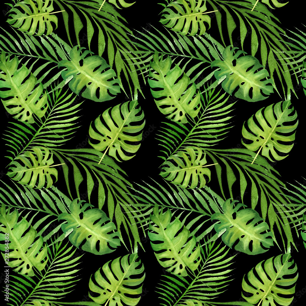 hand drawn watercolor floral tropical seamless pattern with green monstera leaves and palm tree leaves on black  background