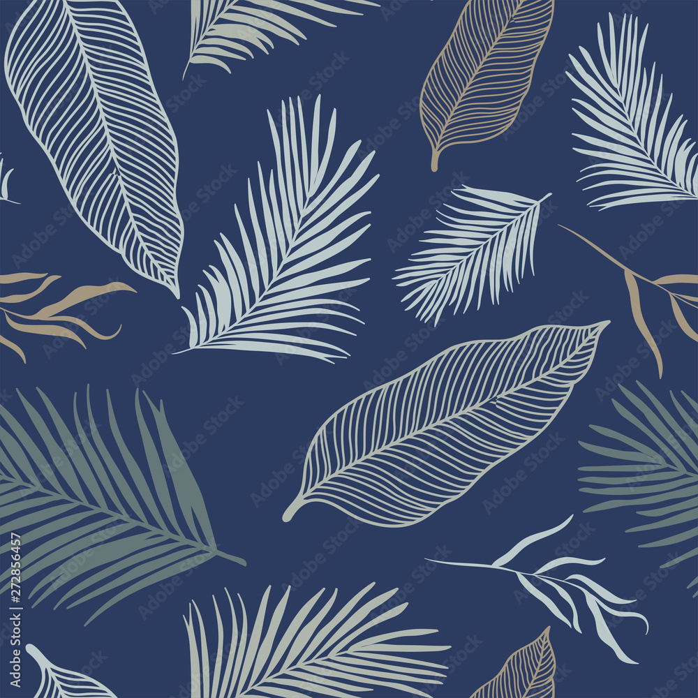 Tropical Leaves Seamless Pattern - elegant leaves on dark blue background - great for Textiles, Fabrics, Wallpapers, banners, Cards - surface design Tropical Leaves Seamless Pattern - elegant leaves on dark blue background - great for Textiles, Fabrics, Wallpapers, banners, Cards - surface design