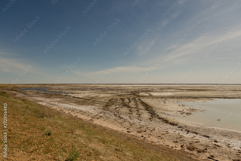 The dried-up Aral sea in summer, the water crisis on the planet and the concept of climate change