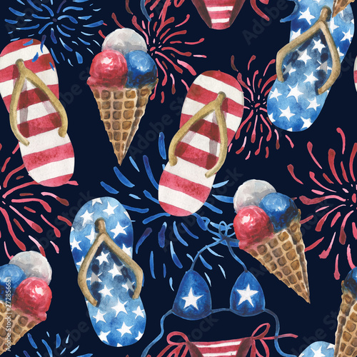 Watercolor pattern, beach slippers, fireworks, ice cream in a cone. All elements in the colors of the USA flag. An excellent pattern for products on a patriotic theme for national holidays. 