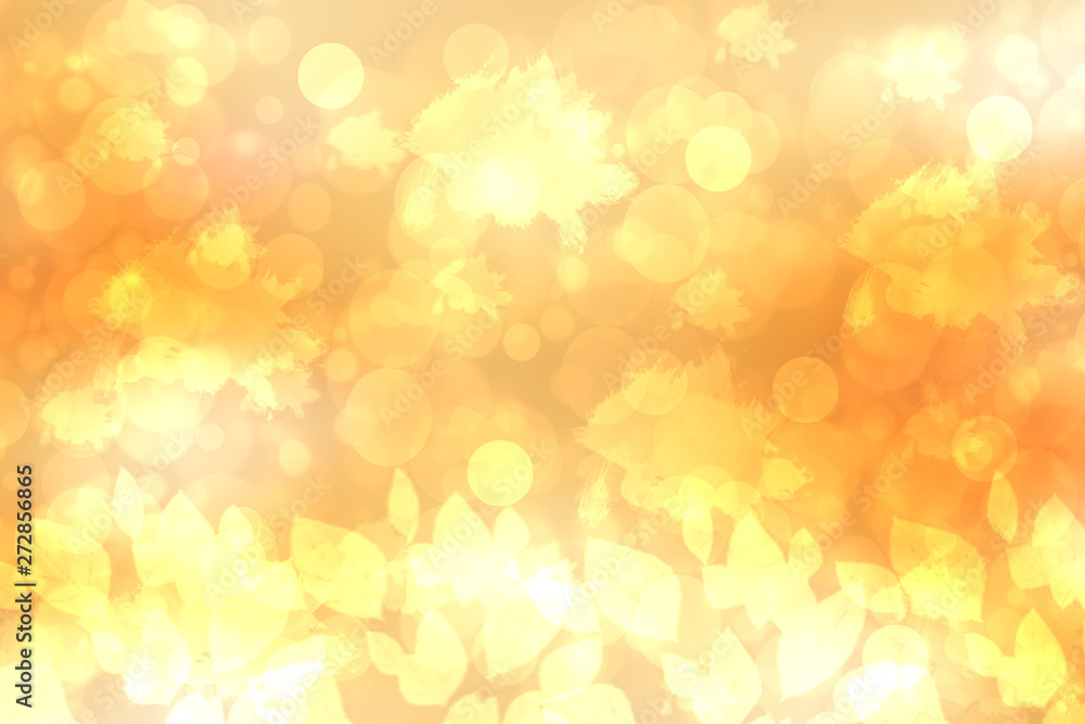 A festive abstract golden yellow gradient background texture with glitter defocused sparkle bokeh circles and leaves. Card concept for Happy New Year, party, invitation, valentine or other holidays. A festive abstract golden yellow gradient background texture with glitter defocused sparkle bokeh circles and leaves. Card concept for Happy New Year, party, invitation, valentine or other holidays.