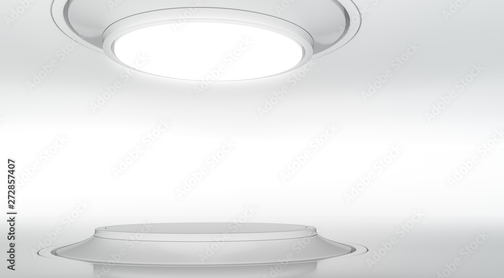 Abstract modern white interior showroom. Podium for product display. Curved stage design futuristic background. 3d render. Abstract modern white interior showroom. Podium for product display. Curved stage design futuristic background. 3d render.