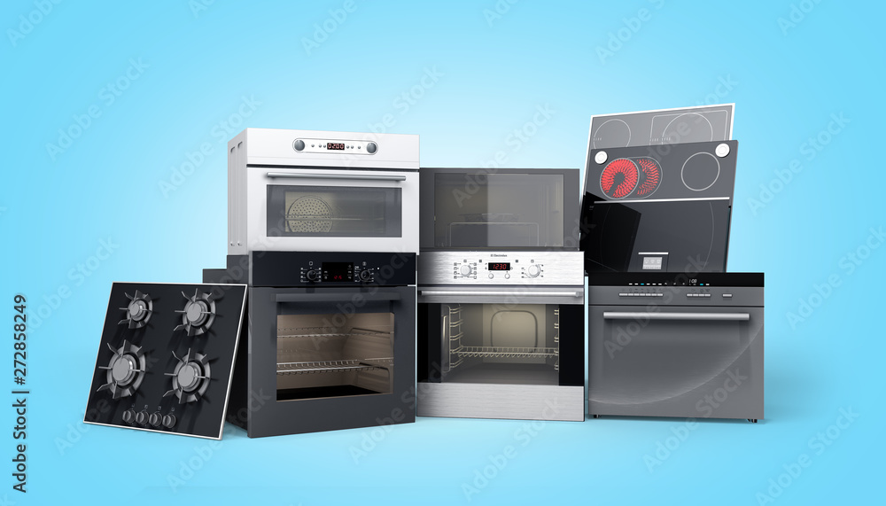 Home appliances built in Group of white 3d render on blue gradient Home appliances built in Group of white 3d render on blue gradient