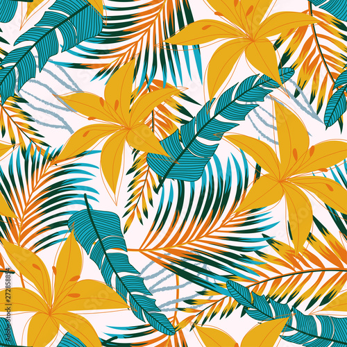 Summer bright seamless pattern with tropical leaves and flowers on white background. Vector design. Jung print. Floral background. Printing and textiles. © EltaMax99