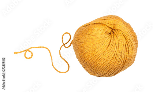 skein of yellow yarn with unwound tail isolated