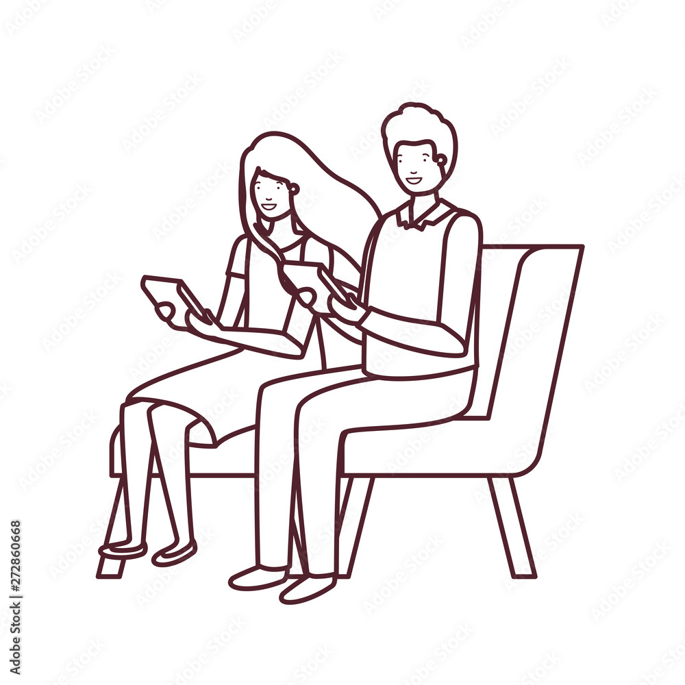 silhouette of couple with sitting in chair on white background