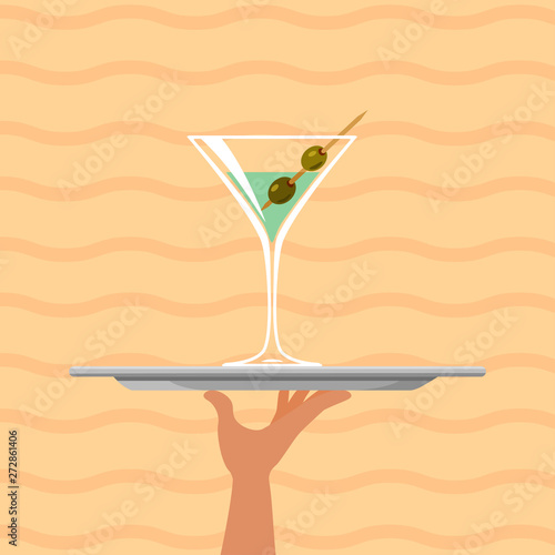 Cocktail martini on tray on summer background