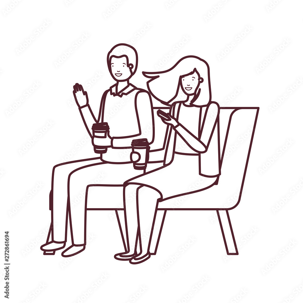 silhouette of couple sitting in chair with container plastic coffee silhouette of couple sitting in chair with container plastic coffee