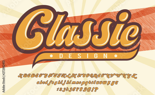 Classic design. 3D vintage script font. Retro typeface. Vector font illustration. Comics style.