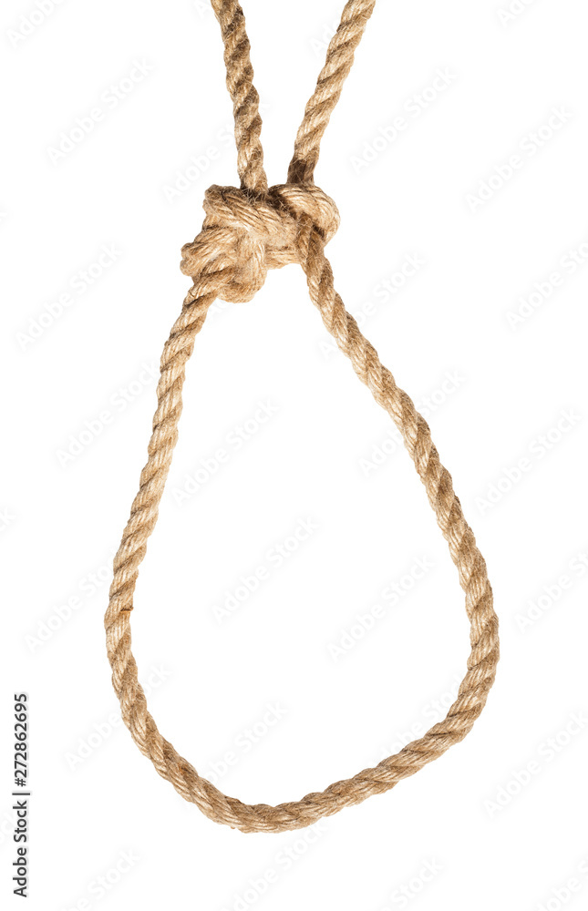 Running bowline knot tied on jute rope isolated