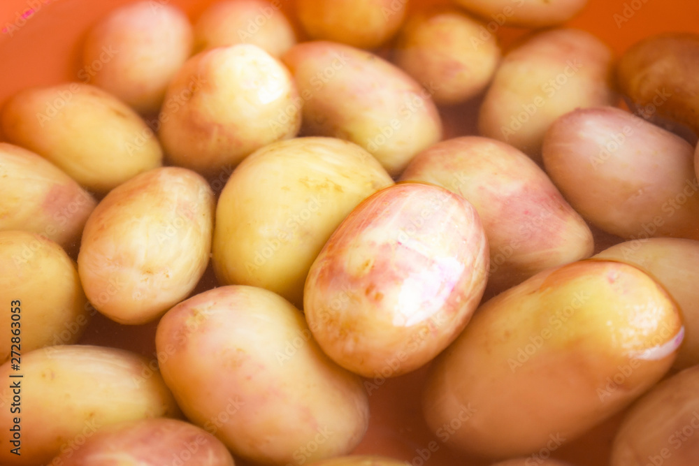 young fresh peeled potatoes in a cup of water young fresh peeled potatoes in a cup of water