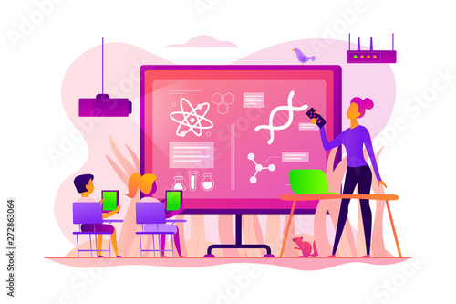 Kids with tablets studying science in classroom with teacher  tiny people. Science lessons  science flipped class  blended learning for kids concept. Vector isolated concept creative illustration.