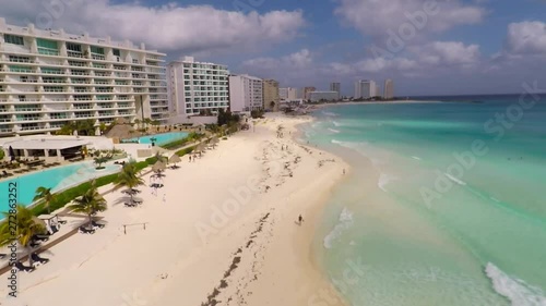 Aerial view on Chac Mool beach and turquoise water in Caribbean Sea. Resorts on Coast in Cancun, Mexico  photo
