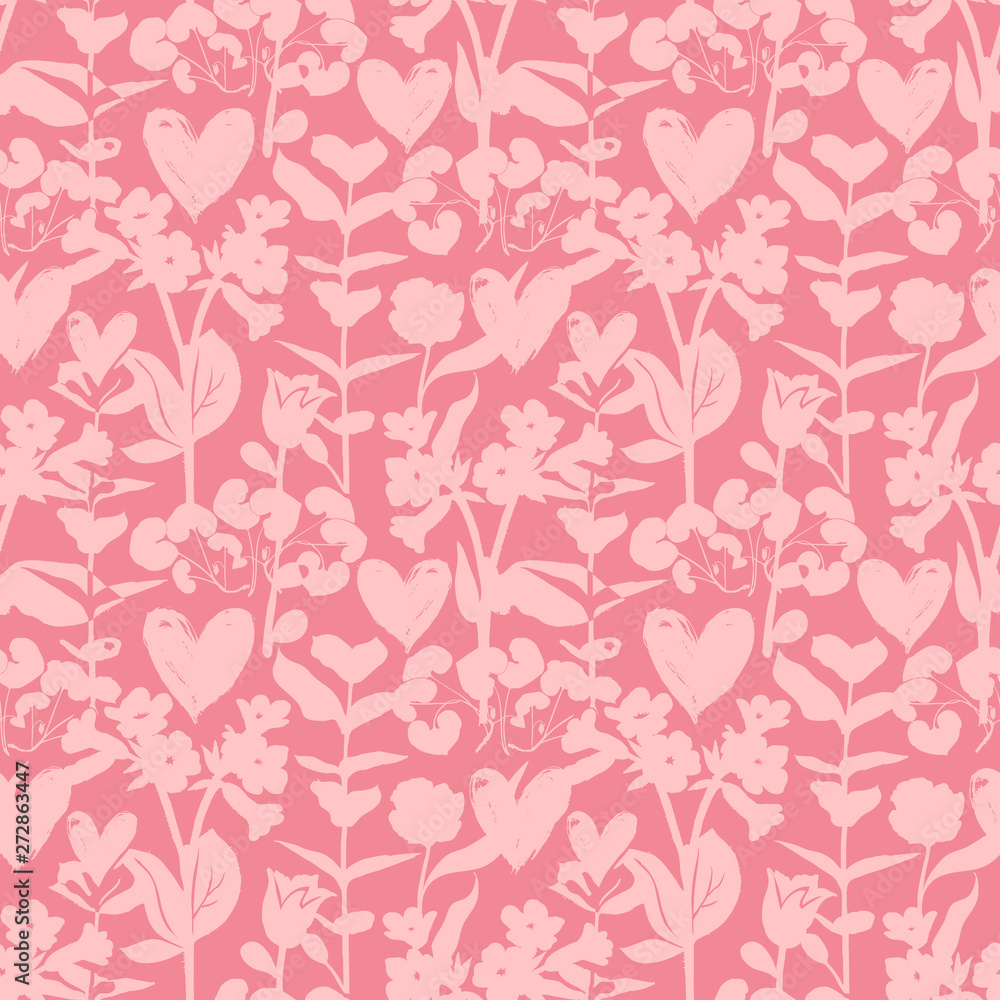 Floral pattern with hearts and shapes of plants