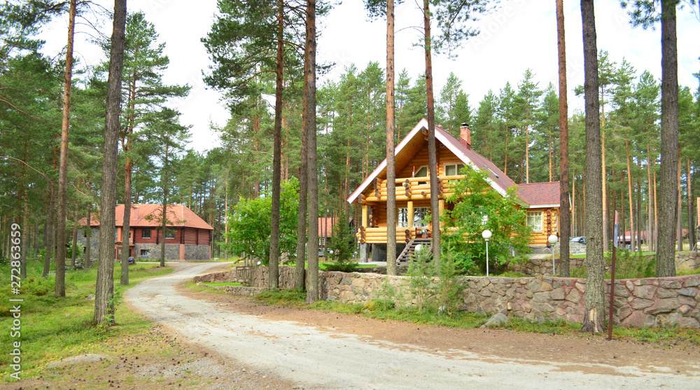 Wooden house in the forest above the lake