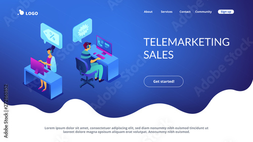 Operators with headsets calling potential customers to support or make a sale. Cold calling, old school marketing, telemarketing sales concept. Isometric 3D website app landing web page template