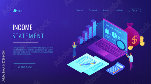 Financial analysts with magnifier and laptop counting income statement. Income statement, company financial statement, balance sheet concept. Isometric 3D website app landing web page template