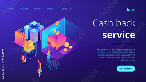 Cardholders shopping, paying and getting cash rewards and laptop with piggy bank. Cash back service, cash back rewards, money back concept. Isometric 3D website app landing web page template