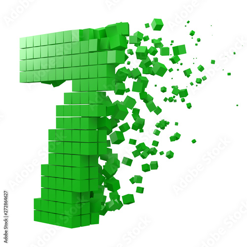 number 7 shaped data block. version with green cubes. 3d pixel style vector illustration.