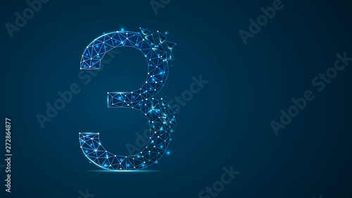 number three 2D low poly abstract illustration consisting of points, lines, and shapes in the form of planets, stars and the universe. Vector digit 3wireframe concept.