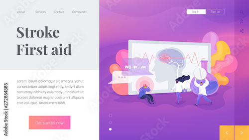 Migraine symptom, mental problem and disorder, brain disease. Man suffering from epilepsy. Stroke, headache, oxygen-deprived brain, first aid concept. Website homepage header landing web page template