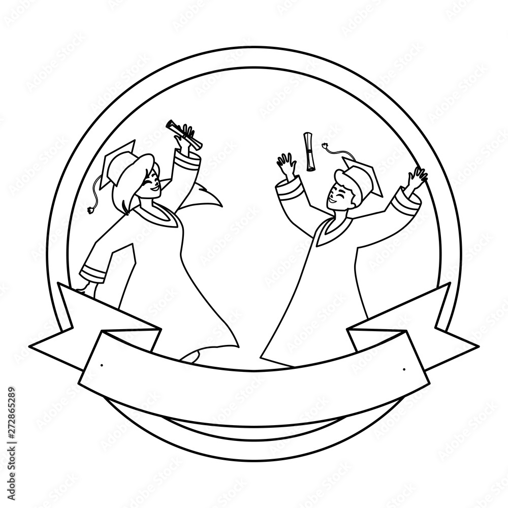 young couple students graduated celebrating in circular frame