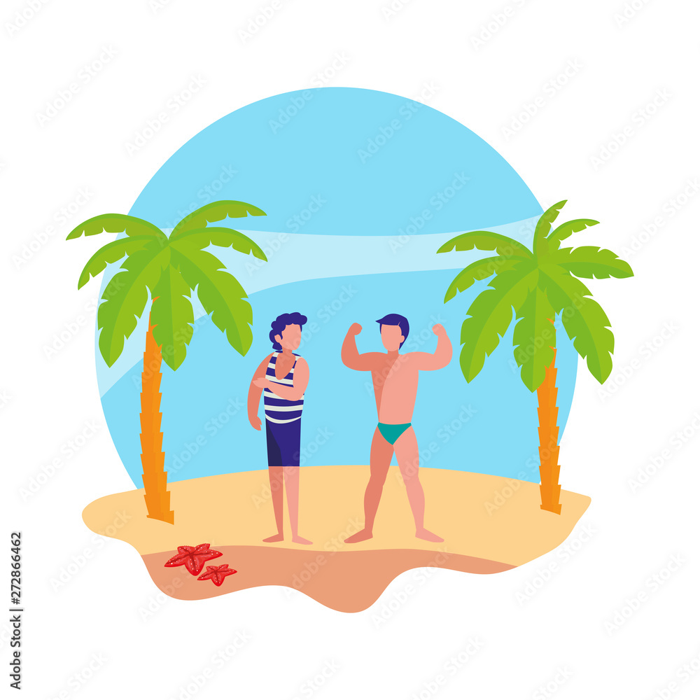 young boy with strong man on the beach summer scene